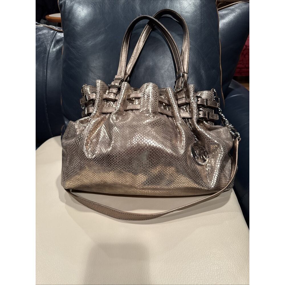 Michael Kors Large Metallic Gold Leather Snakeskin Embossed